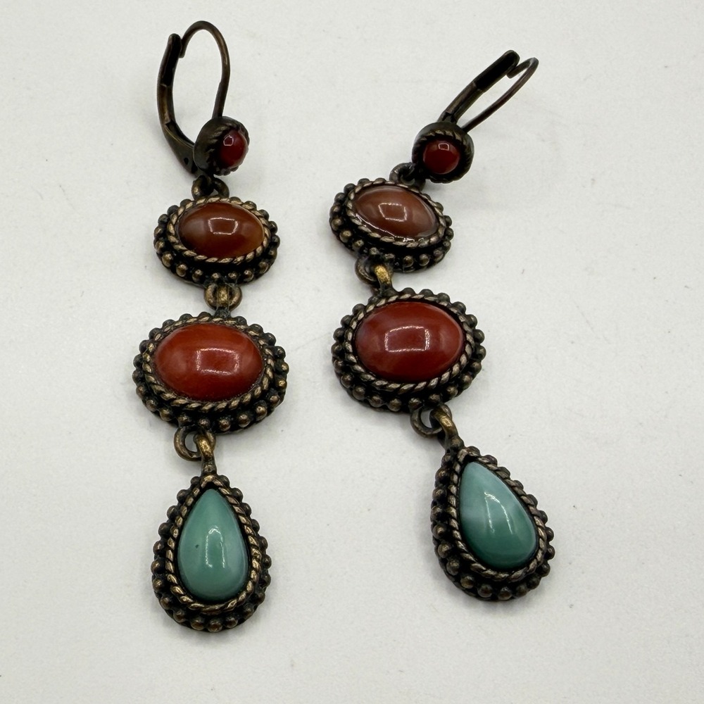 Antique Bronze Tone Red Teal Cabochon Dangle Earrings Statement Festival Vintage